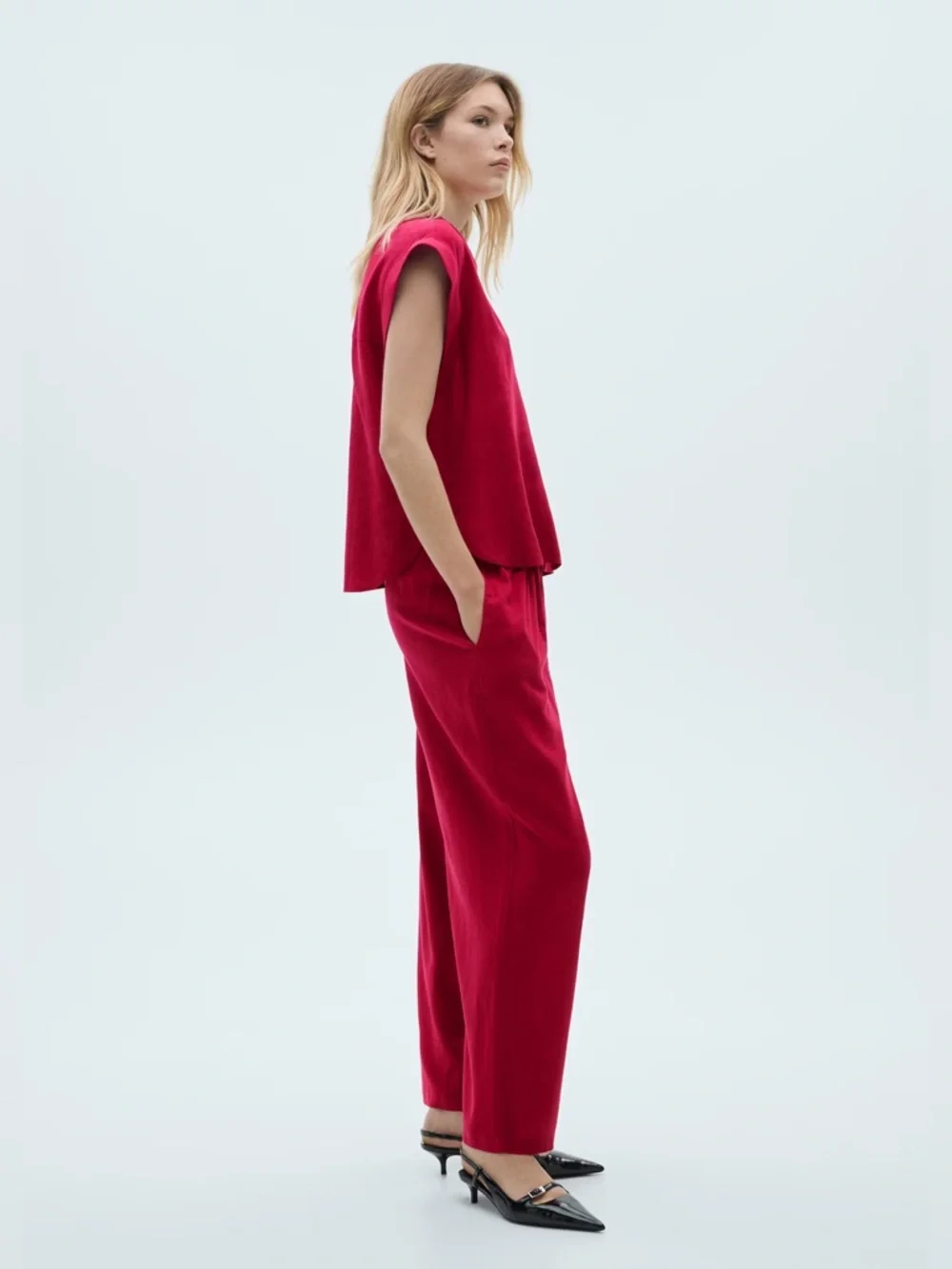 Mango Co-Ord Linen Set Flowy Pants and Blouse New
